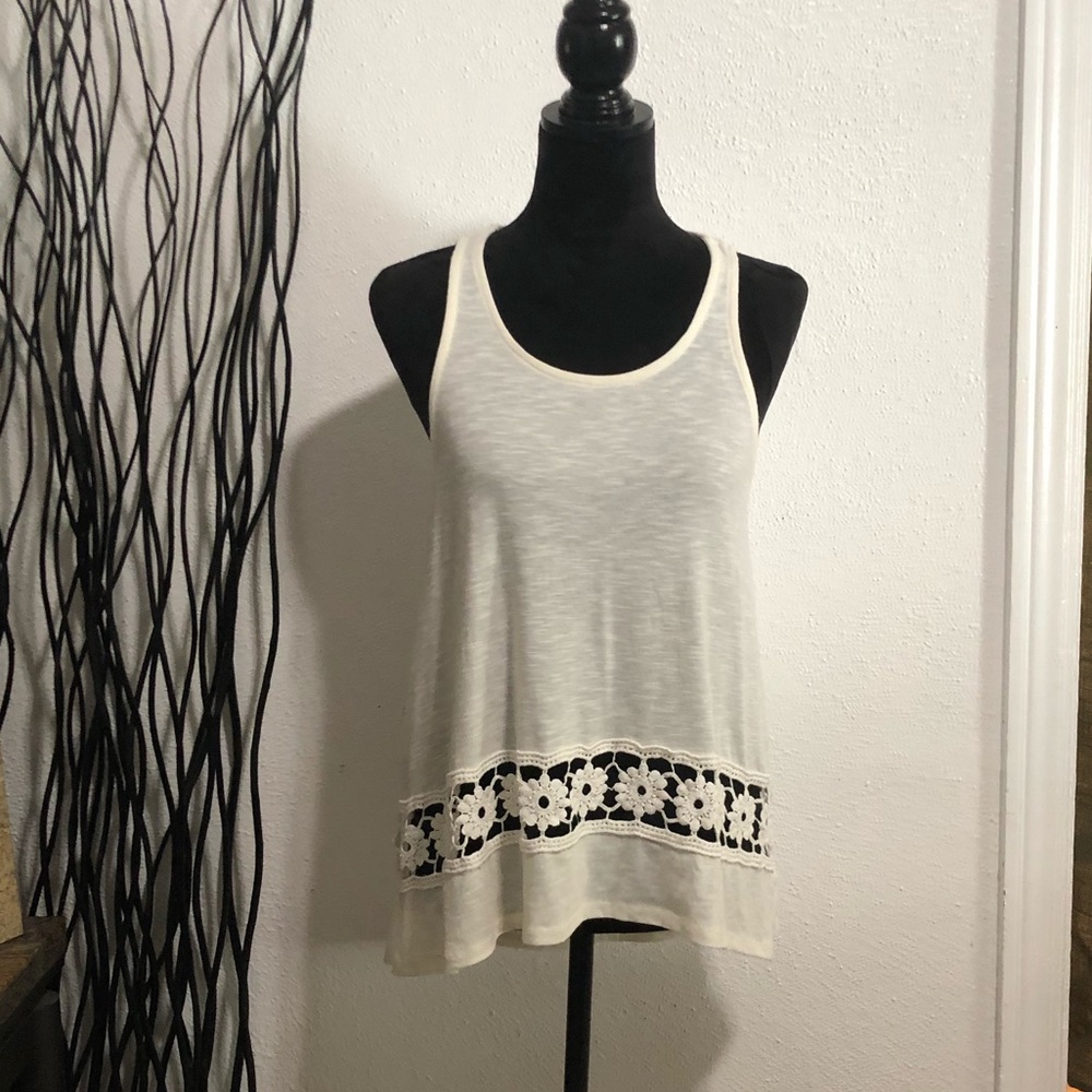 Poof Ivory Tunic Tank Top Crochet Flower Trim M